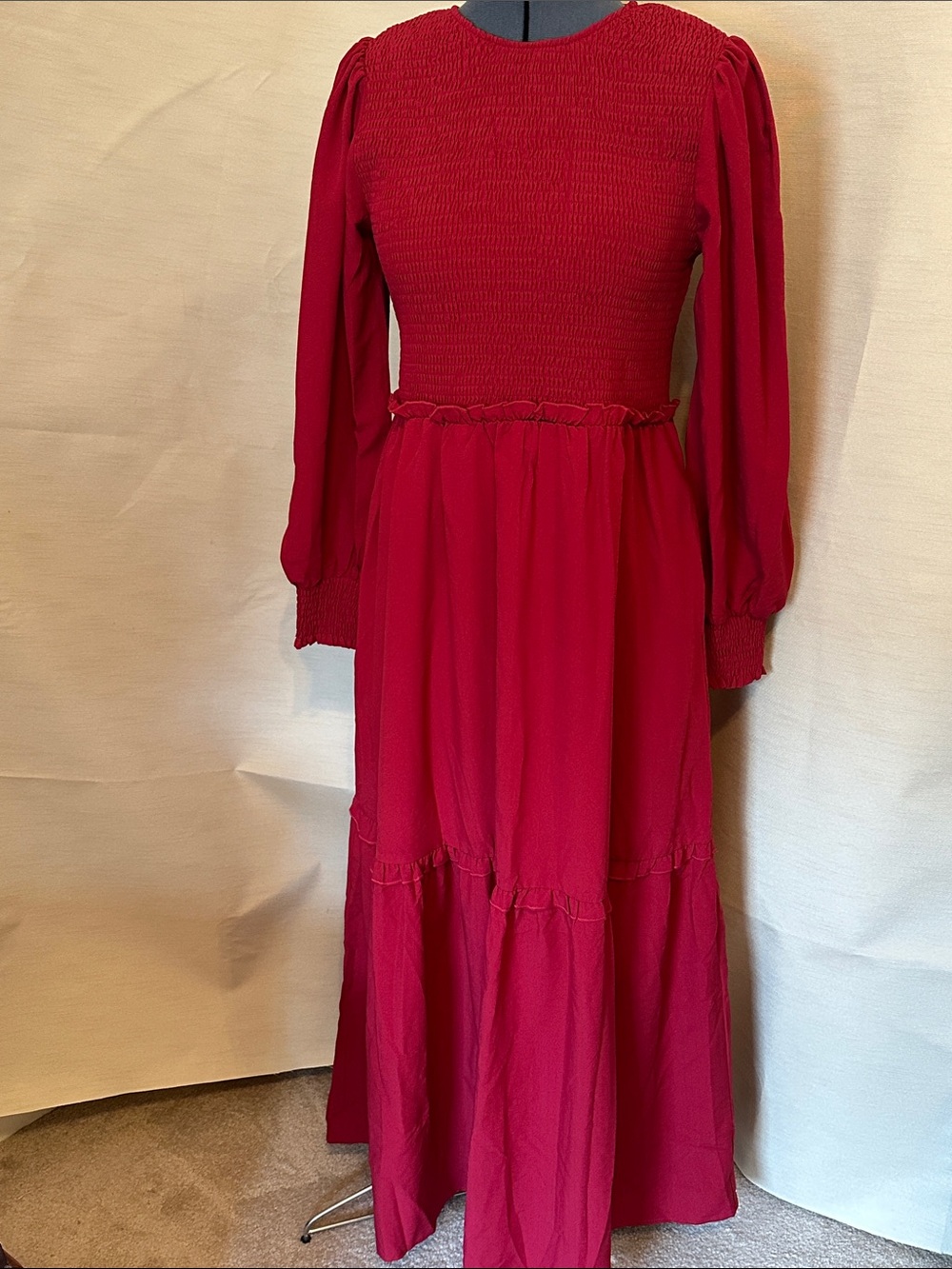 Smocked Bodice Red Maxi Dress with Long Puff Sleeves